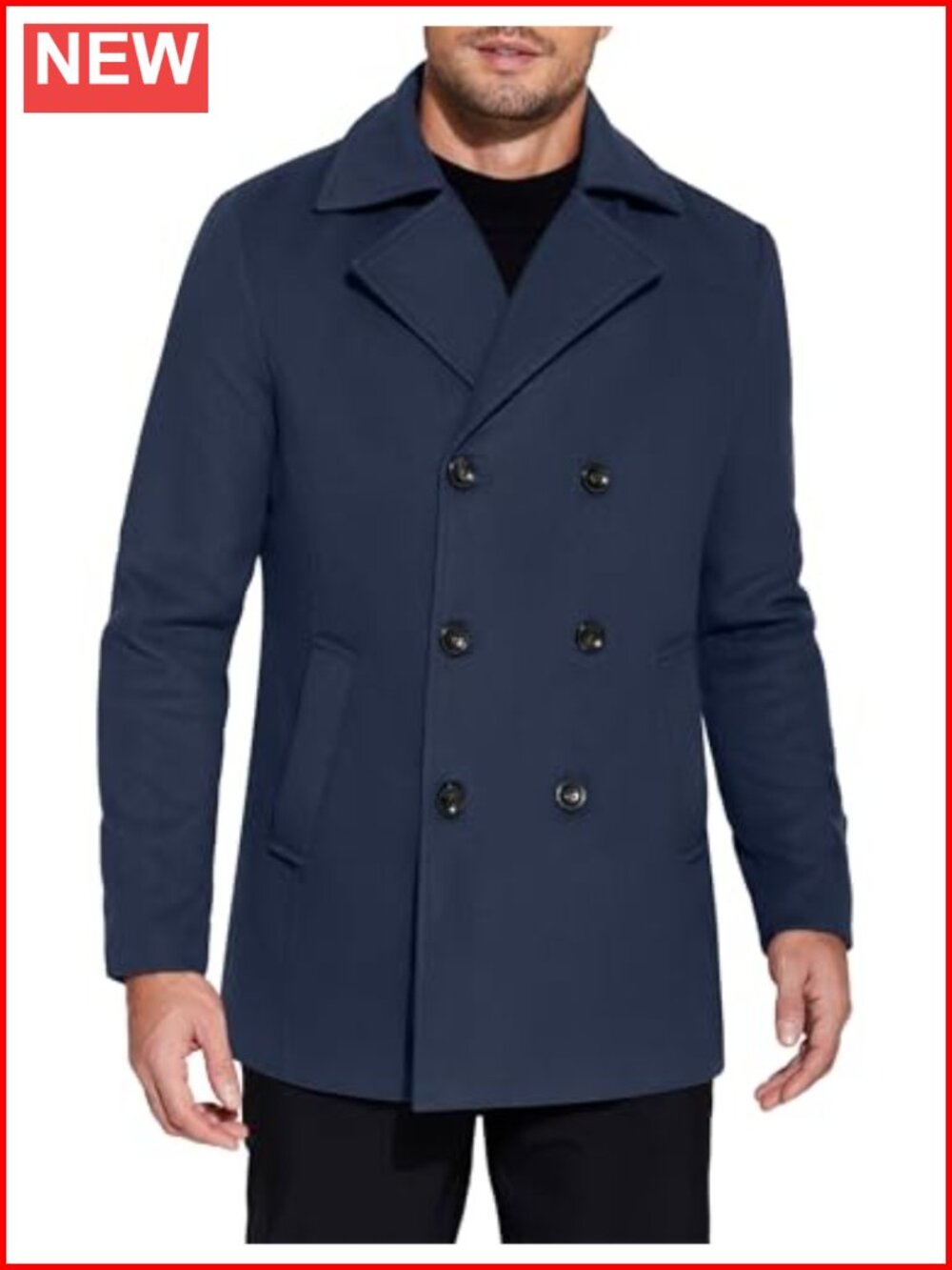 Men's Double Breasted Pea Coat Winter Overcoat Short Trench Coat Notched Collar